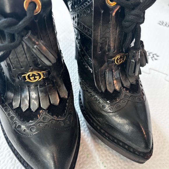 Gucci Shoes - Gucci Black Leather Kiltie Brogue Ankle Boots with Gold Logo